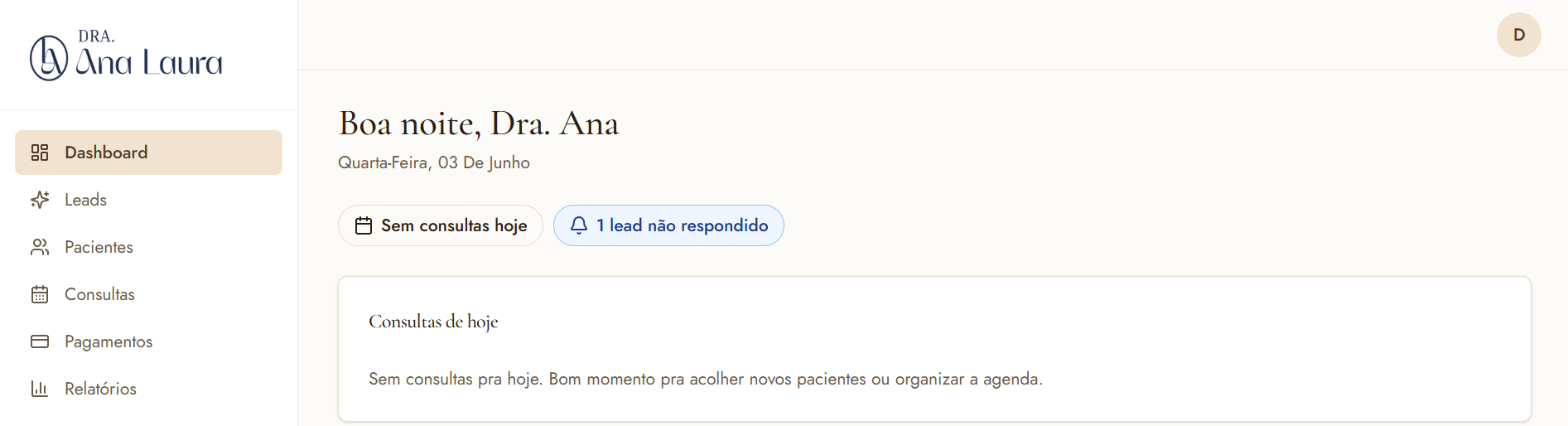 Sistema de gestão da Dra. Ana Laura com leads, consultas e acompanhamento organizados