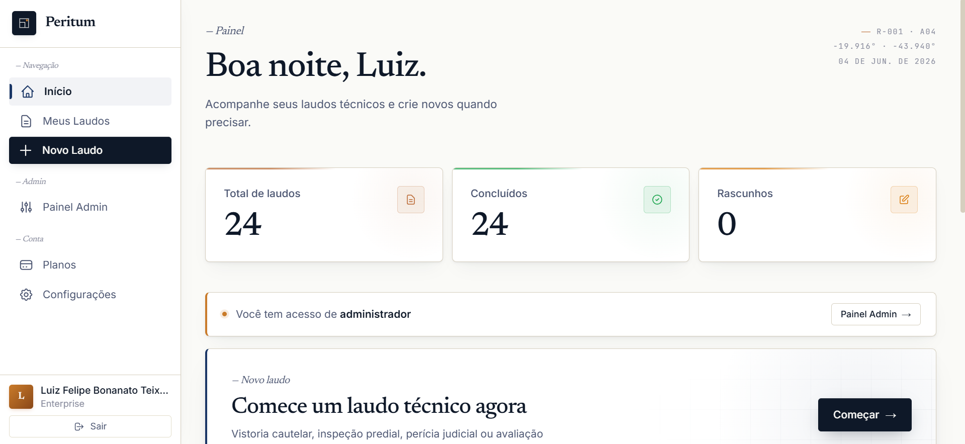 Painel administrativo do Peritum com laudos em produção